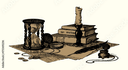 Vector still life: books, compass, hourglass