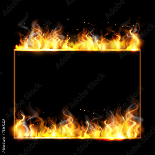 Fire frame in the shape of rectangle, vector golden fiery frame, burning clipping mask border with light effect