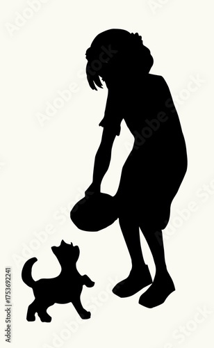 Vector Drawing. Girl feeding a cat