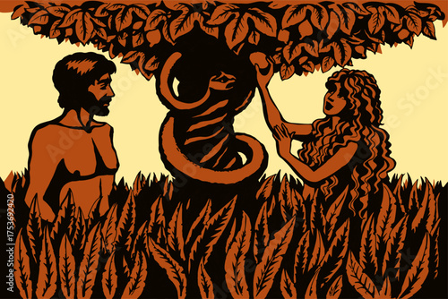 Vector drawing. Adam and Eve at the tree