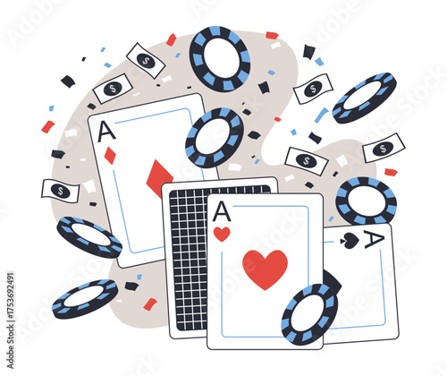 Gambling concept. Online casino with cards and chips, internet poker game flat vector illustration. Isolated gambling scene