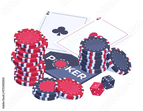 Isometric gambling concept. Poker mobile app, online casino with cards, dice and chips, internet poker game flat vector illustration. Isolated gambling scene