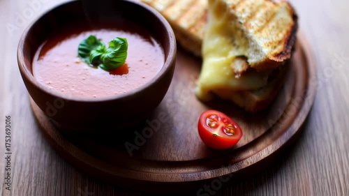 Classic Grilled Cheese Sandwich with Melted Cheese and Creamy Tomato Soup on Wooden Board