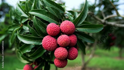 Ripe Red Lychee Fruit Bunch Hanging on Tree Branch in Lush Orchard