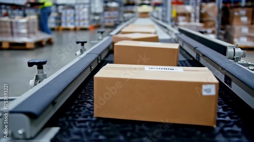 Cardboard Boxes Moving on Automated Conveyor Belt in Modern Warehouse Logistics Center