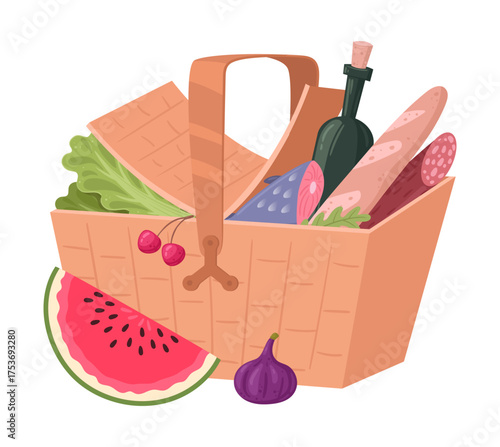 Snack hamper basket. Wicker grocery basket full of food and beverage, dining, dish wicker baskets flat vector illustration. Handle picnic basket on white