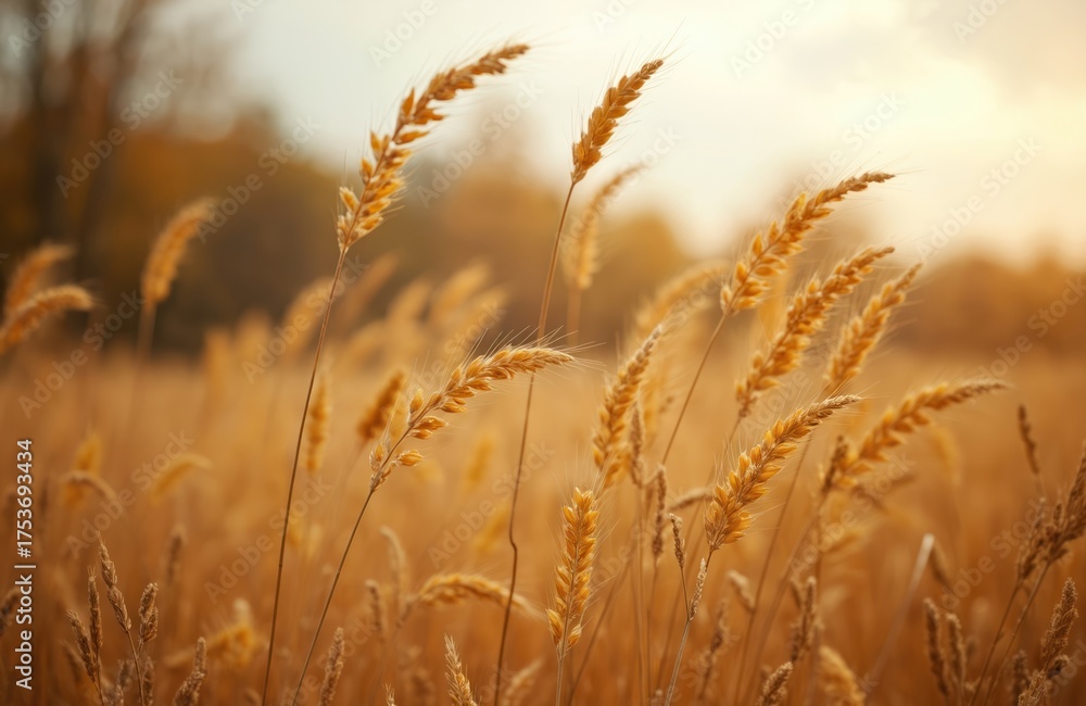 Obraz premium Golden wheat field in autumn at sunset. Ripe cereal crops sway, glow warm in sun light. Rural farm land with grain plants ready for harvest season. Agriculture food production concept shows beautiful