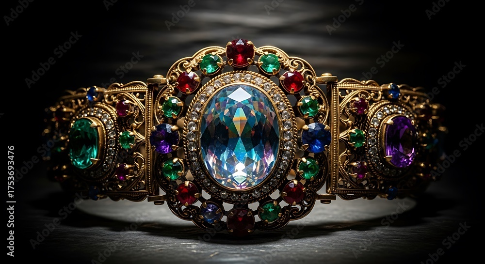 Fototapeta premium Ornate Gold Bracelet with Large Central Gemstone and Colorful Jewels