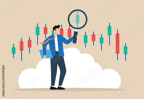 Flat illustration of businessman examine candlestick chart with magnifying glass symbolizing technical stock market analysis
