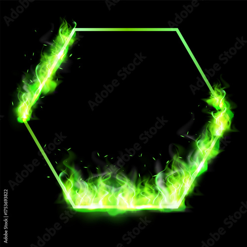 Green fire frame in the shape of hexagon, fiery frame, burning clipping mask border with light effect vector isolated