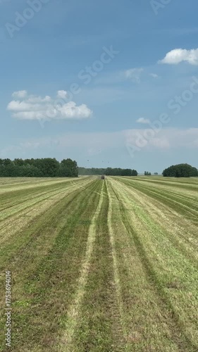Drone view of fields during harvest. 