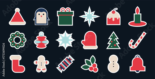 Christmas winter stickers collection. Simple geometric christmas stickers with seasonal design, cute holiday elements for scrapbook. Vector set