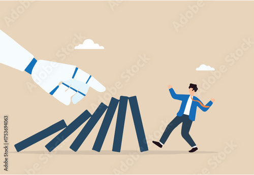 Flat illustration of robot hand pushing domino chain to knock down businessman symbolizing AI automation risk and threat to human employment