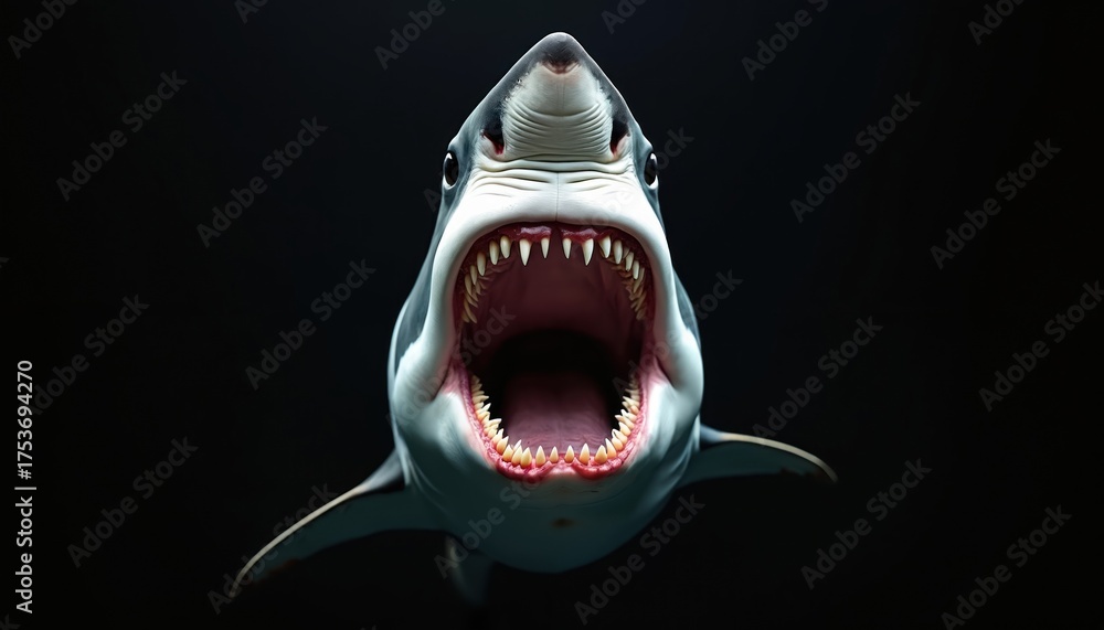 Fototapeta premium Great white with open mouth shows sharp teeth. Dangerous marine predator swims deep in ocean. Wild animal hunting underwater isolated on dark background. portrait.