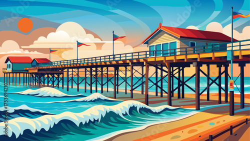 Very beautiful view of Surf City Ocean Pier extending over turquoise waters in the Outer Banks, North Carolina, USA, with gentle waves, sandy beach, and bright summer sky creating a peaceful coastal 