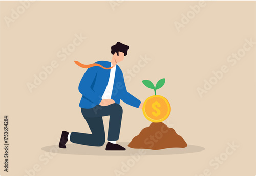 Flat illustration of businessman kneeling to plant golden coin seedling into soil for early investment and long term financial growth