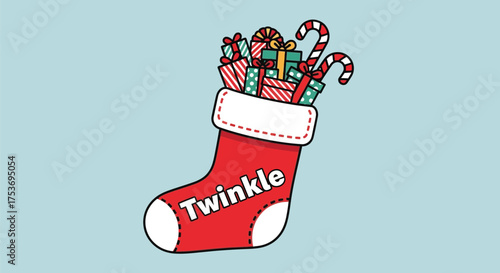 Festive Christmas stocking overflowing with gifts and candy canes on a light blue background