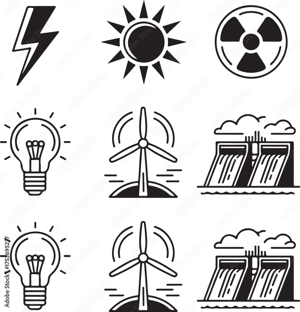 Fototapeta premium Nine Detailed Energy Icons Set With Transparent Background power icon electricity icon