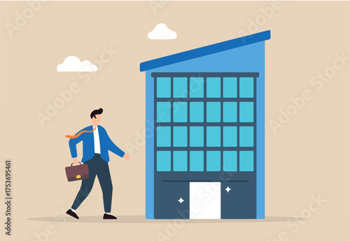 Flat illustration of businessman enters office building for job interview or work routine