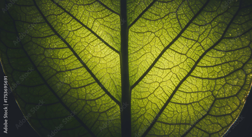 Obraz premium A detailed macro shot of a vibrant green leaf showcasing its intricate veins and delicate structure