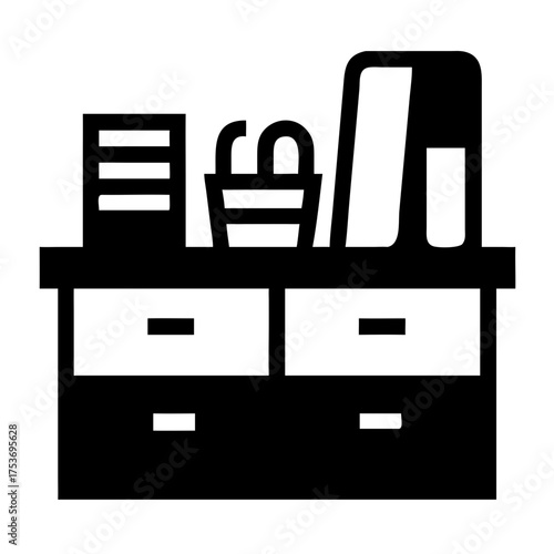 Illustration of a dresser, a furniture piece with drawers and a mirror