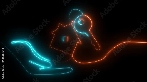 Abstract glowing neon home icon animation Glowing neon line Key icon isolated,home icon animation icon property house animated. house .The neon house icon flickers, revealing a shining key unlocking