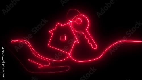 Abstract glowing neon home icon animation Glowing neon line Key icon isolated,home icon animation icon property house animated. house .The neon house icon flickers, revealing a shining key unlocking