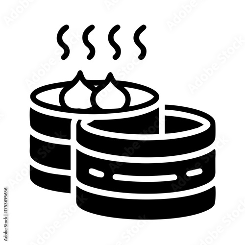 Vector art of minimalist icon of a stack of dim sum steamer baskets with steam