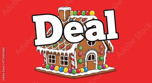 Delicious gingerbread house decorated with colorful candies, announcing a special holiday offer.
