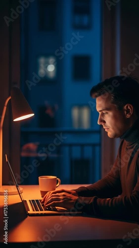 Man working on laptop at night with warm light and a cup of coffee