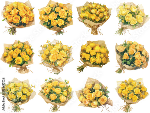 Watercolor Yellow Rose Bouquets Clipart
