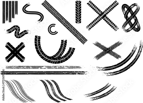 Dirty tire tracks texture set - grunge textures. Vector, EPS version.