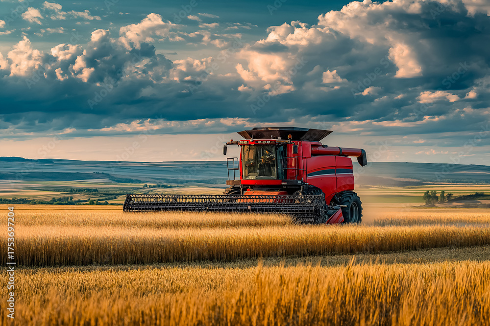 Fototapeta premium Red agricultural harvester working in golden wheat field under dramatic sky. Farming process and machinery in action, highlighting the importance of modern agriculture and sustainability