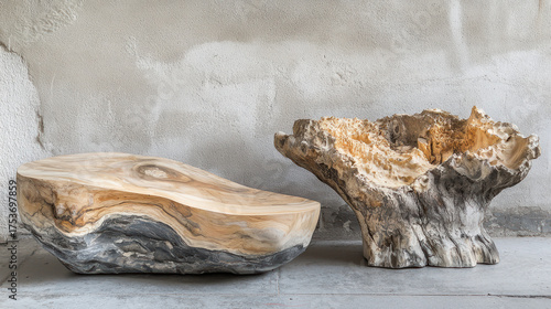 Two organically shaped wooden sculptures sit on a concrete floor against a textured wall