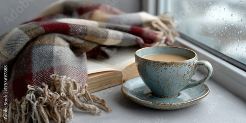 Cozy morning by the window with a cup of warm coffee, a soft blanket, and an open book on a rainy day