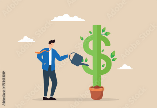 Businessman watering plant shaped like dollar sign illustrating dividends yield investment. Concept of grow profits, earning returns in stock market, increasing wealth, and success in investing