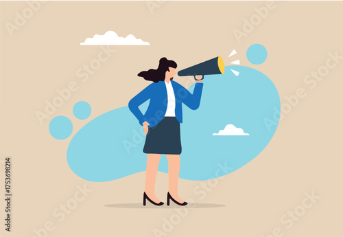 Flat illustration confident businesswoman speak out loud on megaphone showcasing leadership and storytelling skill