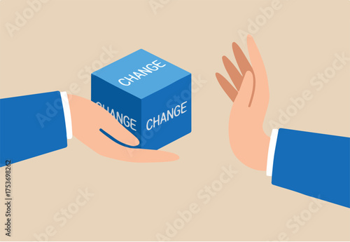 Flat illustration businessman hand refuse to open change cube box representing fear of leaving status quo or comfort zone