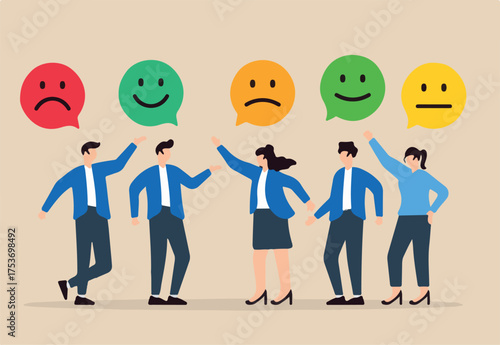 Flat illustration of young adults give emoticon feedback rating user experience and satisfaction with products