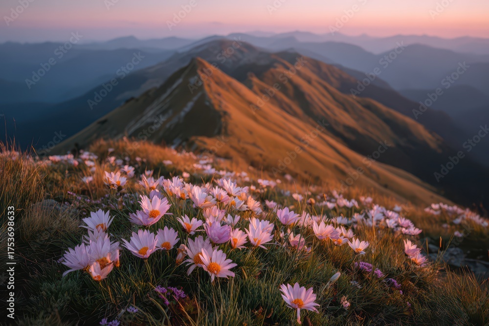 Fototapeta premium Golden hour bathes mountain slope covered with blooming wildflowers in soft light, overlooking hazy mountain peaks and soft sky at golden hour.