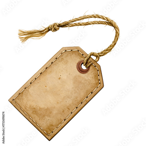 A textured, aged paper label with stitched edges and a looped rope cord