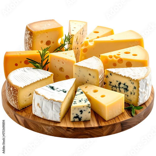 A delicious assortment of various cheese wedges and blocks on a wooden cutting board