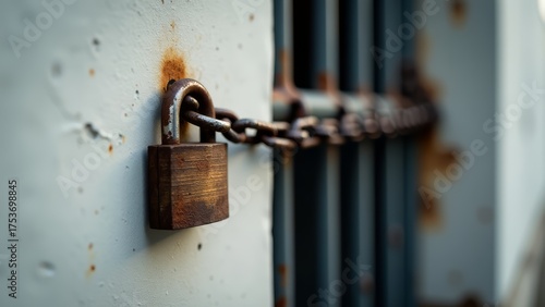 Rusty padlock and chain securing metal gate