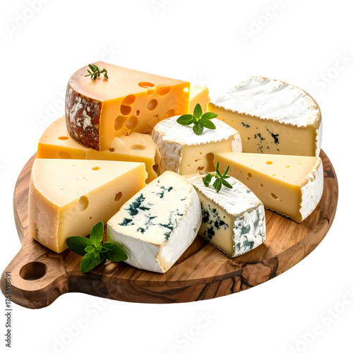 Assortment of various cheeses, aged and fresh, arranged on a rustic wooden board