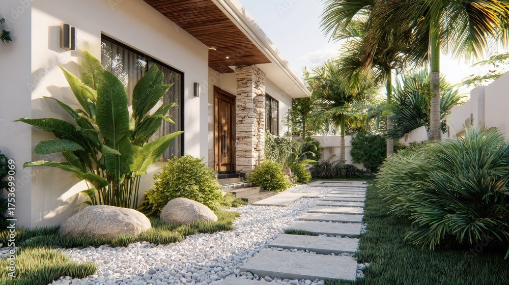 Obraz premium Luxurious residential home exterior with lush greenery and stone pathway