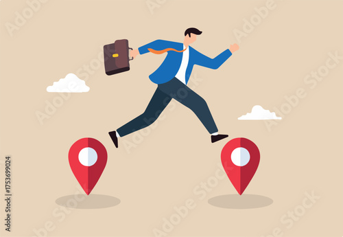 Flat illustration of businessman jump from one map pin to another business relocation to new address