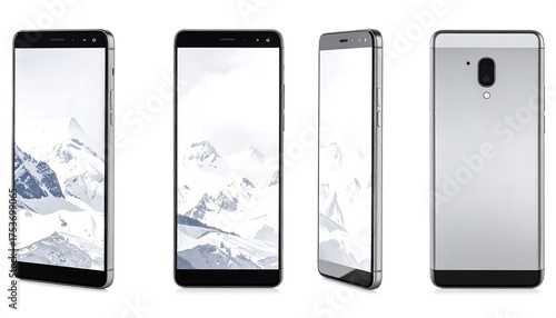 A series of shots showcasing a modern, metallic-bodied mobile device. The front displays a mountain landscape, with various angles presented