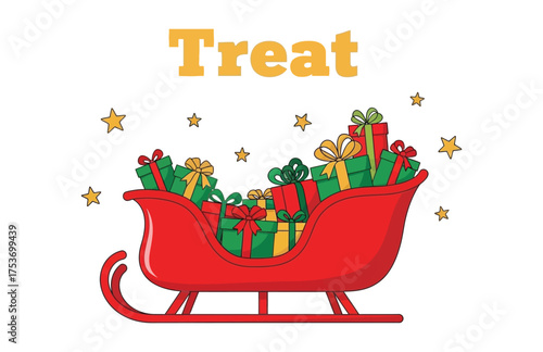Festive red sleigh overflowing with colorful Christmas gifts and sparkling stars