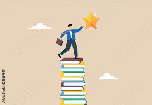 Flat illustration of smart businessman climb stack of books and reach star learning career success study knowledge education for business