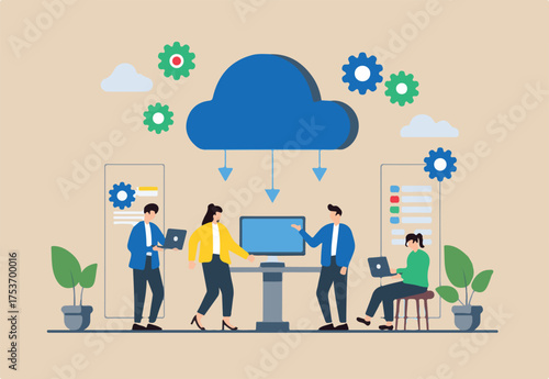 Flat illustration of team members collaborating on cloud-based version control for continuous deployment
